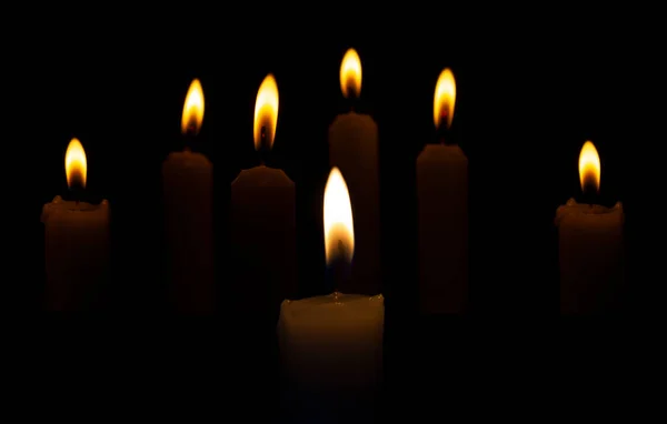 Burning Candles Dark Black Background Religious Rites Holidays Burials Accompanied — Stock Fotó