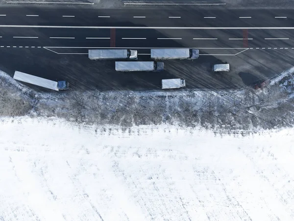Trucks Parked Road Parking Lot Winter Landscape Top View Copy — Stock Photo, Image