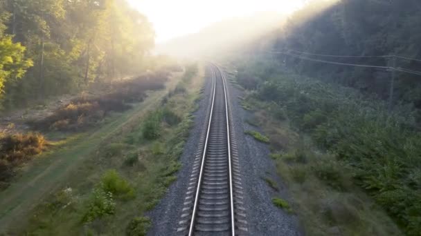 Rayos de sol de la mañana a través de la niebla en las vías del tren — Vídeos de Stock