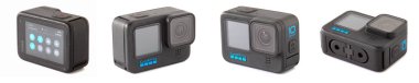 Gopro kahraman 10, kamera beyaz arkaplanda izole edildi. Farklı açılardan 4 fotoğraf seti. Kyiv, Ukrayna, 21.05.2022