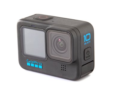 Gopro kahraman 10, beyaz arka planda izole kamera, lens manzarası., Kyiv, Ukrayna, 21.05.2022.