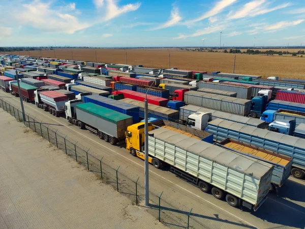 Aerial view of trucks. Terminal in the port for unloading trucks with grain