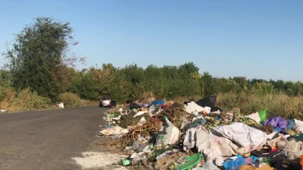 O homem atira o saco do lixo para o lado da estrada. Aterro espontâneo com resíduos alimentares — Vídeo de Stock