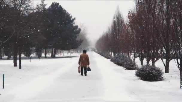 Старик-ветеран прогуливался по заснеженному парку во время снегопада — стоковое видео