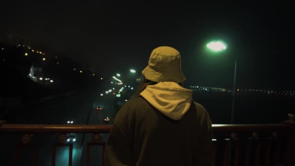 Дівчина стоїть на мосту вночі і дивиться на вогні великого міста — стокове відео