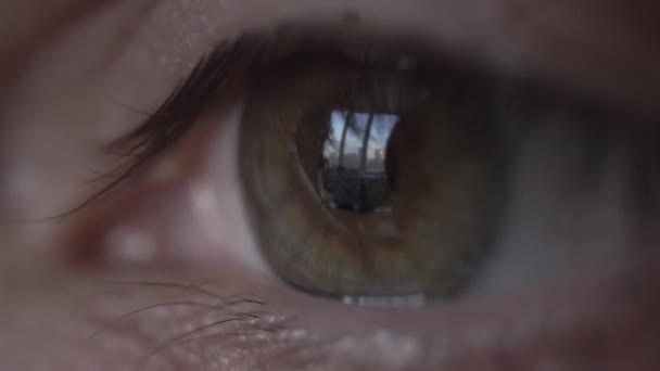 Close-up, macro, pupil, iris hazel, brown, green. Looking out the window — Stock Video