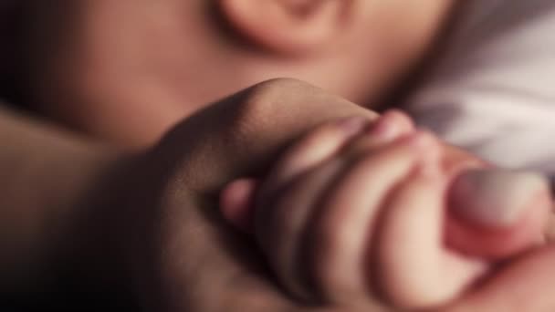 Baby squeezes mothers hand with small fingers. Close-up — Stock Video