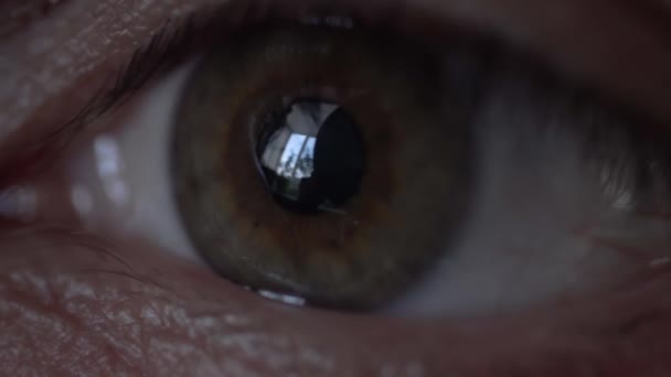 Close-up, macro, pupil, iris hazel, brown, green. Looking out the window — Stock Video