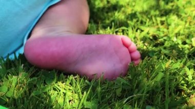 Yaz yeşili çimlerin üzerinde küçük şirin bebek ayakları. Bisikletin arka planına karşı pembe, hassas bir topuk derisi. Yaz, gün, parlak güneş. Chiaroscuro. 4k video