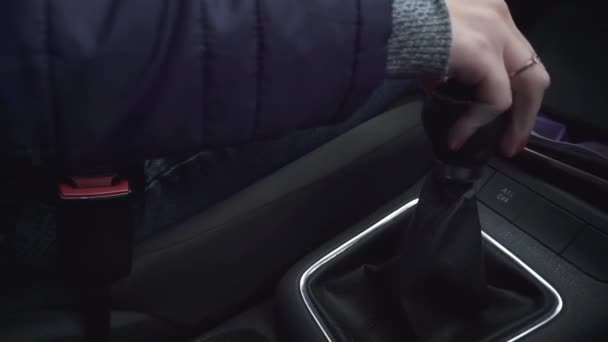 Womans Hand Switches Mechanical Gearbox Accelerates Quickly Rides Potholes Pits — Stock Video