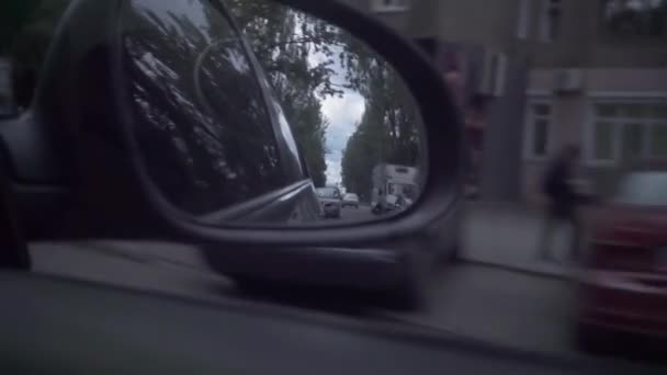 Side Mirror Car Car Drives City Buildings Houses Cars Trees — Stock Video