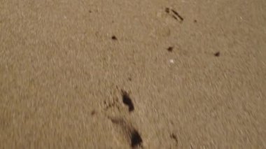 slender beautiful female legs walk along the wet warm sand on the Black Sea coast, leaving deep footprints. waves crashing, filming from behind, close-up
