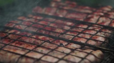 Yakın plan. Gül sosisleri mangal kömüründe, ızgarada, ateşte, ateşte kızartılır. Damlayan yağ, duman geliyor. Yazın, kulübede. Kamera aşağı iniyor.