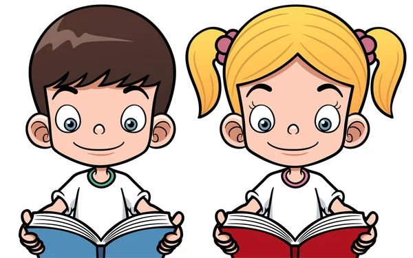 Desenhos animados menino e menina lendo um livro — Vetor de Stock