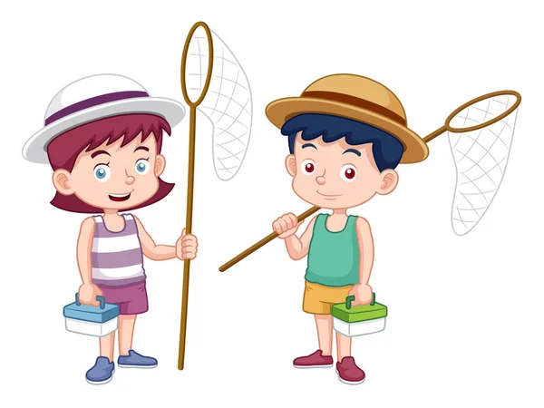 Хлопчик і дівчинка з сіткою комах — стоковий вектор
