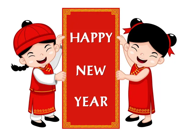 Niños chinos con feliz año nuevo signo — Vector de stock