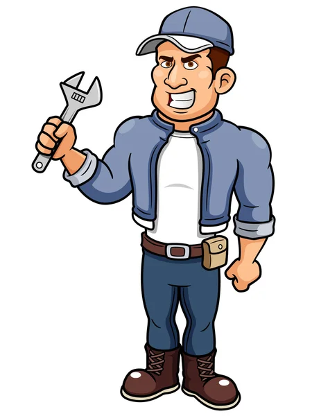 Cartoon mechanic holding a wrench — Stock Vector