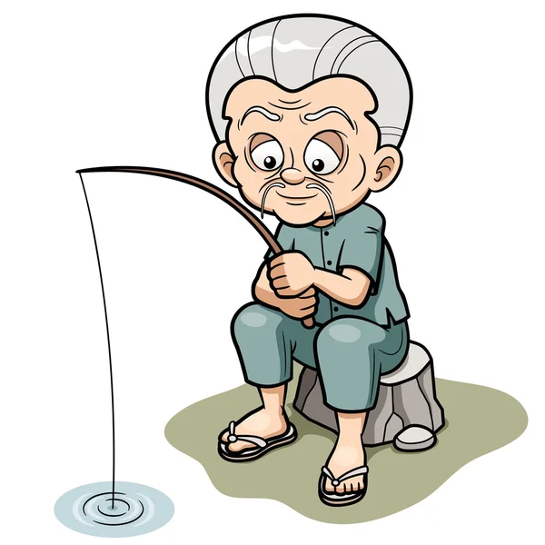 Cartoon Old man fishing - Stok Vektor