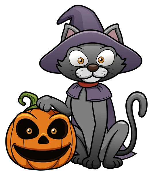 Gato preto com abóbora de Halloween —  Vetores de Stock