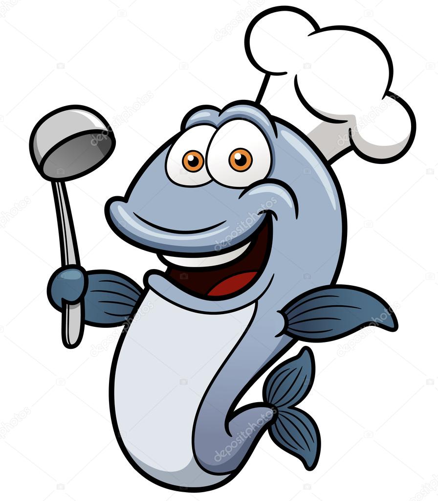 Cartoon chef fish holding soup ladle
