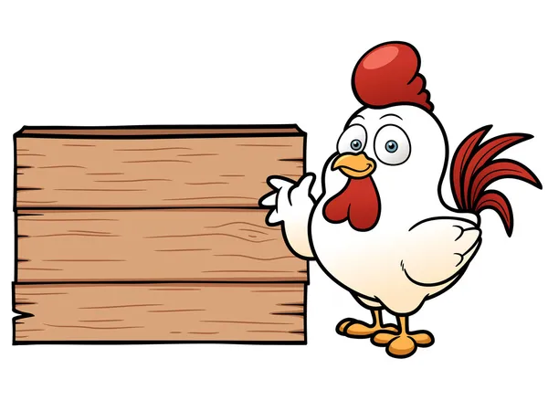 Caricatura pollo con letrero de madera — Vector de stock