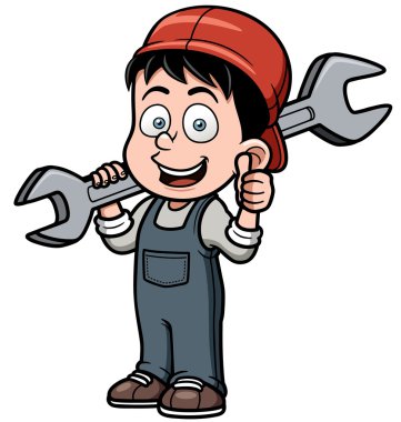 Cartoon mechanic holding a huge wrench