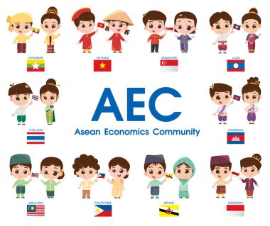 ASEAN Ekonomik Topluluğunun (AEC) üye ülkelerini temsil eden geleneksel kıyafetli çocukları gösteren renkli ve büyüleyici bir illüstrasyon). 