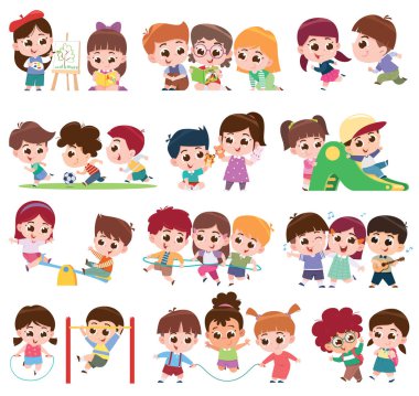 The image features children engaging in various playful and educational activities. Scenes include kids reading books, painting, playing on playground equipment, skipping rope, singing, dancing, and enjoying group games.