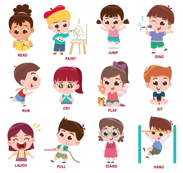 Vector Illustration Verbs Expressing Actions Set Cartoon Kids Character Kids - Stok Vektor