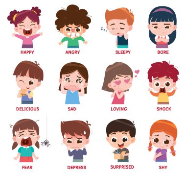 The image illustrates twelve children, each showcasing a distinct emotion through facial expressions and body language. 