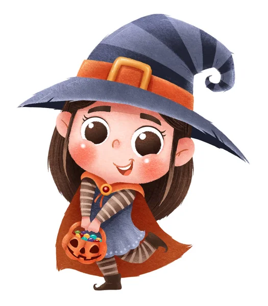 Vector Illustration Cute Cartoon Child Happy Halloween Witch Costume — Stock Vector