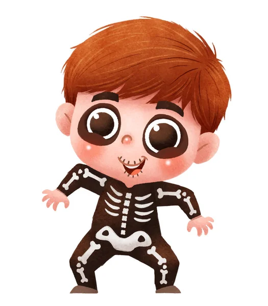 Ilustración Vectorial Lindos Niños Dibujos Animados Feliz Halloween Traje Esqueleto — Vector de stock