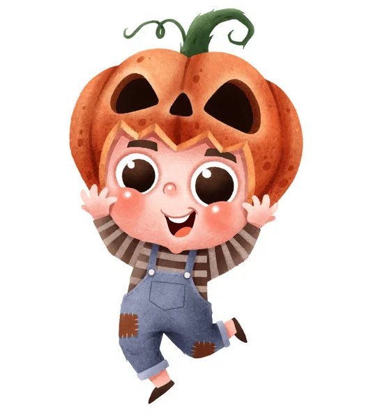 Vector Illustration Cute Cartoon Children Happy Halloween Halloween Pumpkin Head — Stock Vector