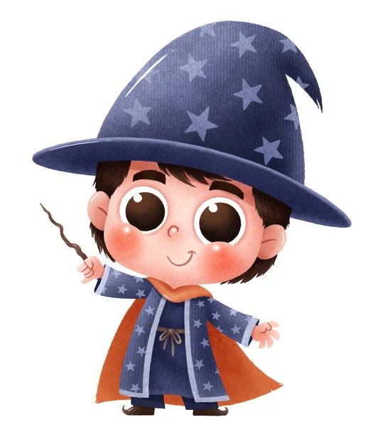 Vector Illustration Cute Cartoon Children Happy Halloween Wizard Costume — Stock Vector