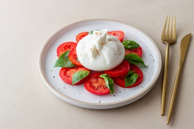 Domates ve fesleğenli İtalyan burrata peyniri. Salata. Sağlıklı beslenme. Vejetaryen yemeği.