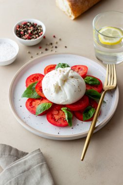 Domates ve fesleğenli İtalyan burrata peyniri. Salata. Sağlıklı beslenme. Vejetaryen yemeği.