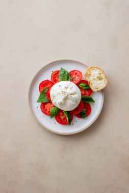 Domates ve fesleğenli İtalyan burrata peyniri. Salata. Sağlıklı beslenme. Vejetaryen yemeği.