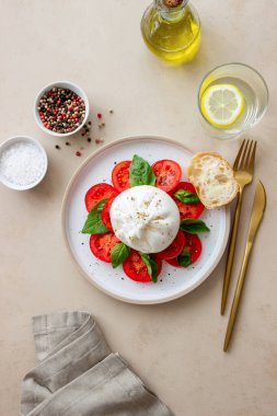 Domates ve fesleğenli İtalyan burrata peyniri. Salata. Sağlıklı beslenme. Vejetaryen yemeği.