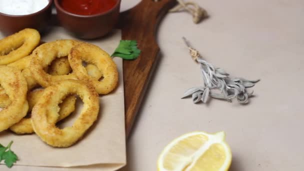 Fried Squid Rings Two Sauces Lemon Herbs Fast Food Appetizer — Stock Video