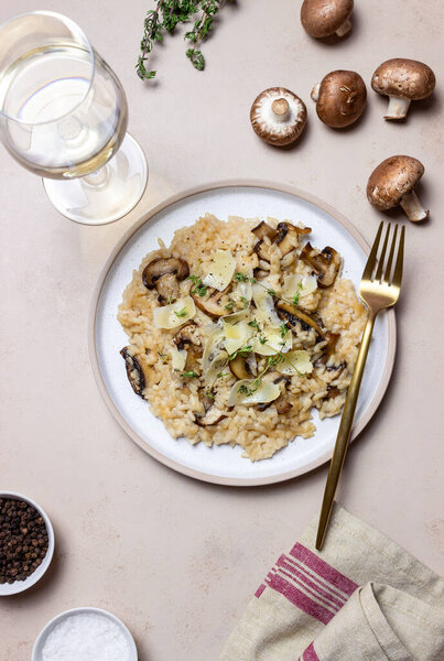 Risotto with mushrooms, cheese and thyme. Vegetarian food. Italian food