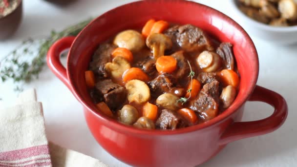 Beef Bourguignon Stew Carrots Mushrooms French Cuisine — Stock Video