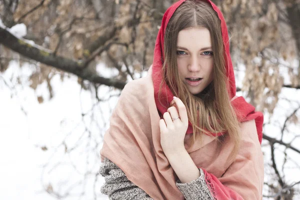 Портрет молодої красивої дівчини з червоним шарфом у відтінку — стокове фото