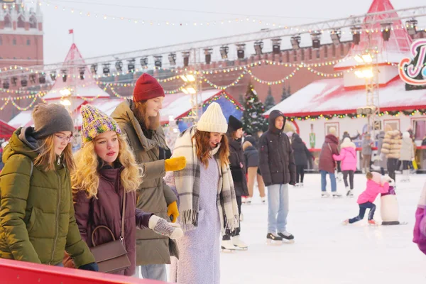 Unidentified people skating on Red Square central skating rink in Moscow, 2021 Royalty Free Stock Images