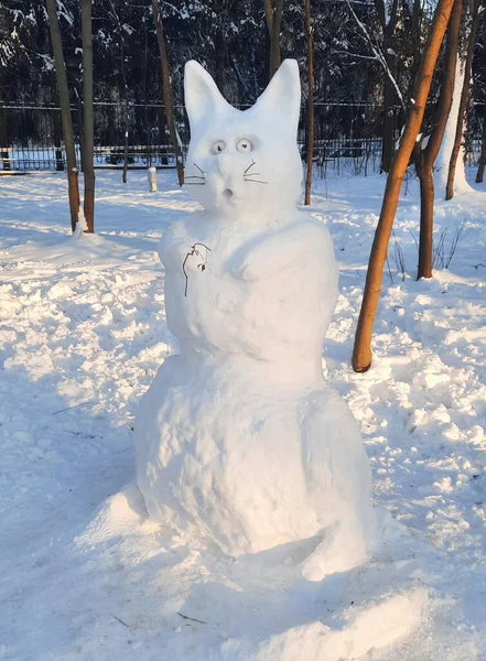 Schneekatze lustige Outdoor-Winter-Skulptur — Stockfoto