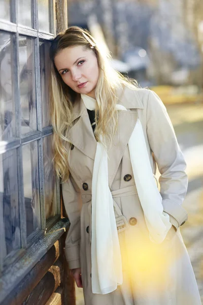 Young Blond Sad Slavic Woman Long Hair Wearing Trench Coat — Stock Photo, Image