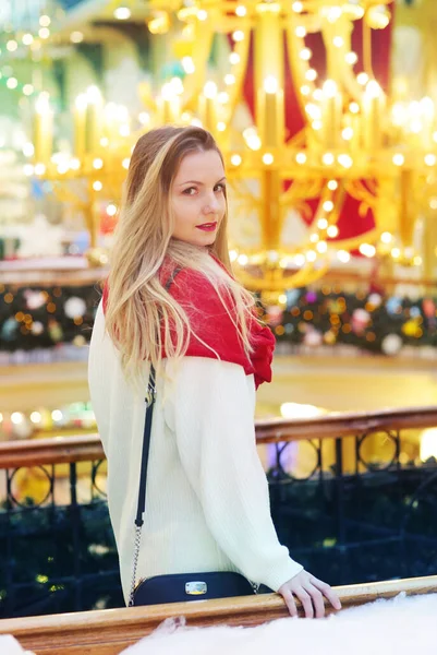 Happy Blond Girl Red Scarf Close Portrait Decorated Christmas City — Stock Photo, Image