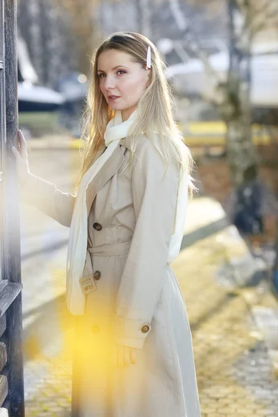 Young Blond Slavic Woman Long Hair Wearing Trench Coat Close — Stock Photo, Image