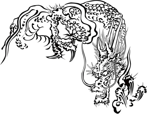 Dragon Dans Dessin Ligne Face Vers Bas Gauche — Image vectorielle