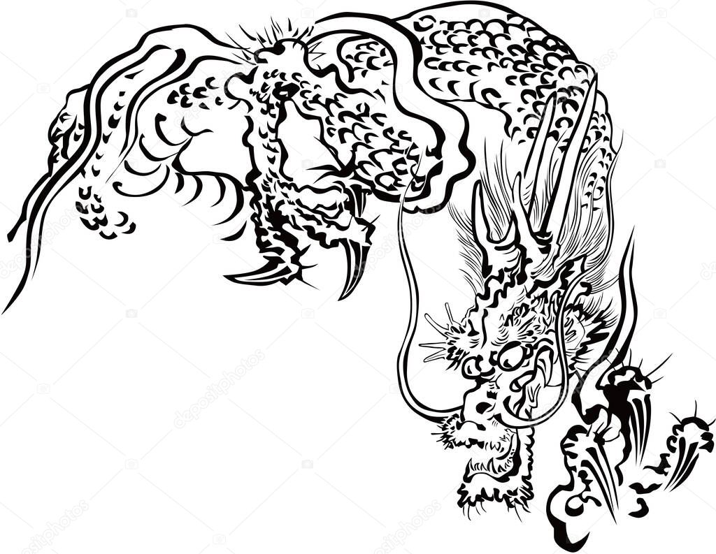 the dragon in a line drawing facing down and to the left