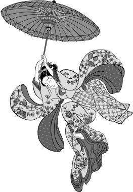 Kimonolu güzel bir kadın şemsiye tutuyor.